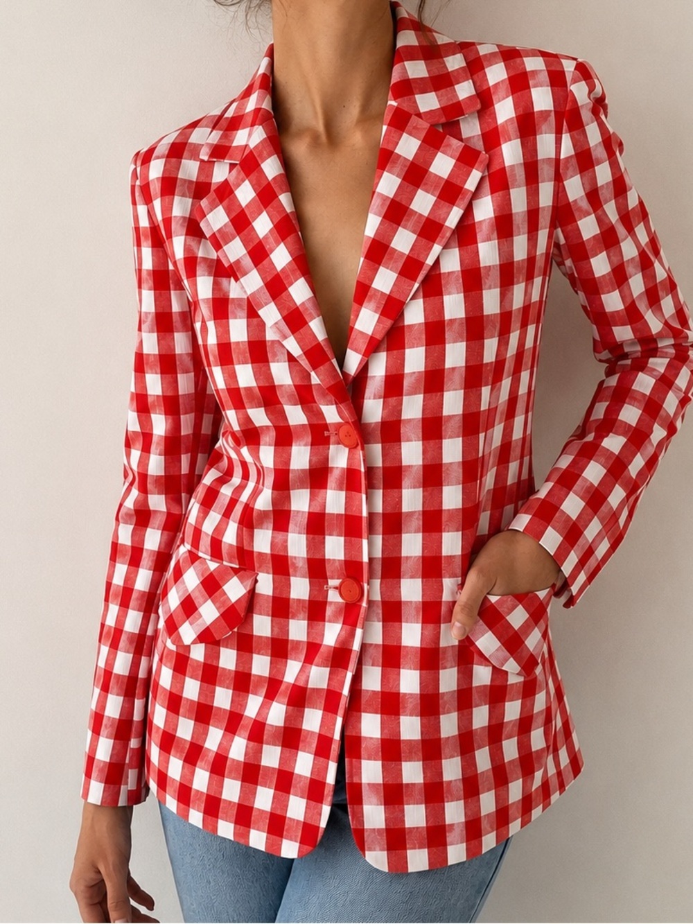 Vintage Red Gingham Blazer Jacket Retro Picnic Cottagecore Size Small